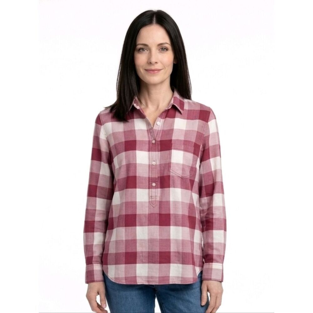 J. Crew Purple Plaid 100% Cotton Half Button Down Long Sleeve Tunic Top